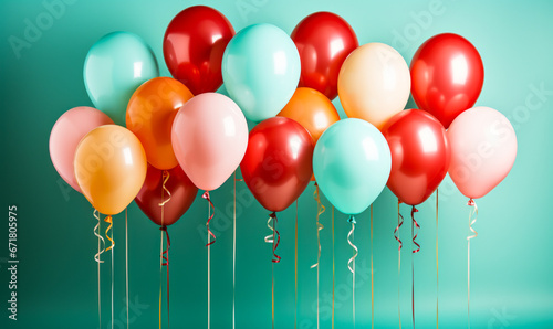 Colorful Balloons with Ropes  Light Green Background Photo