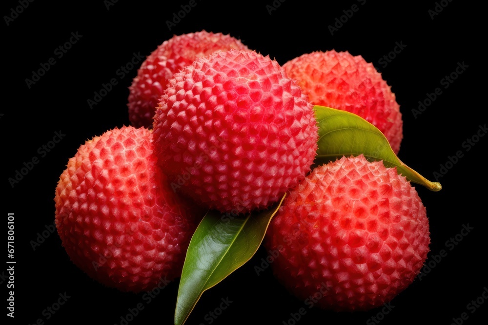 A Vibrant Collection of Red Fruits with Lush Green Leaves on a Dark Background Created With Generative AI Technology A Vibrant Collection of Red Fruits with Lush Green Leaves on a Dark Background Created With Generative AI Technology