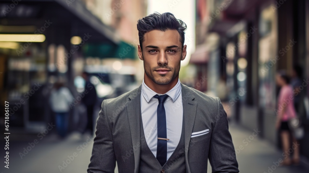 Handsome young businessman is walking on the street and smiling