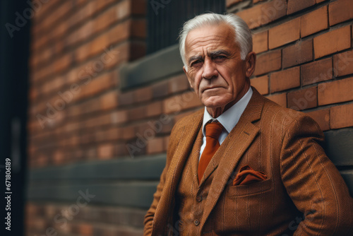 Senior Businessman Leaning on Brick Wall