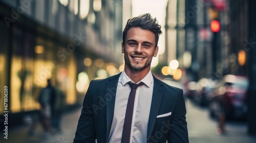 Handsome young businessman is walking on the street and smiling