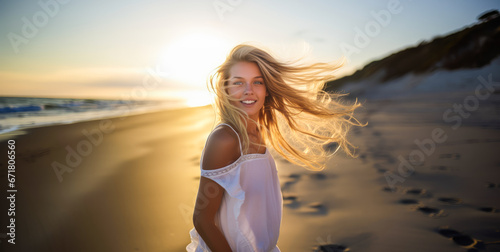 Blonde, 18-year-old woman running towards camera on sunlit beach.