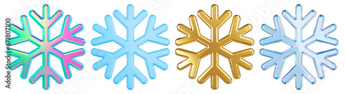 Front view iridescent glass, golden and blue snowflake set. 3D rendering.