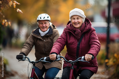 Seniors enjoying a bike ride in the serene park at beautiful autumn day