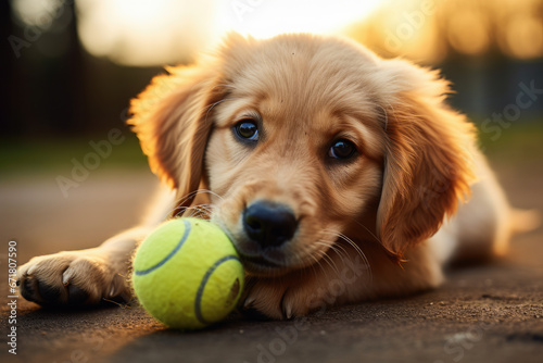 Golden Retriever playing with the ball outside