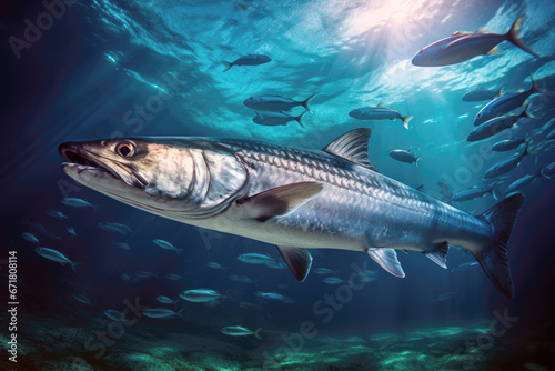 Power of a barracuda as it patrols the vibrant coral reef ecosystem of the ocean