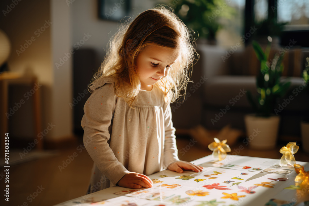 Fototapeta premium Girl playing indoor scavenger hunt