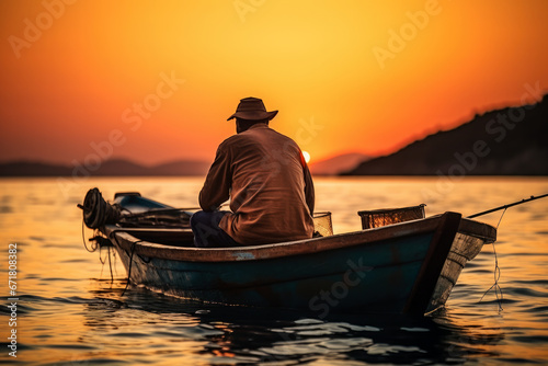 Lone fisherman on a small boat