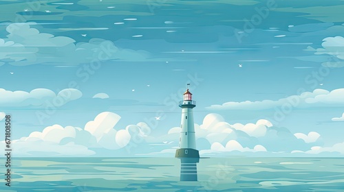  a painting of a light house in the middle of a body of water with a cloudy sky in the background. generative ai