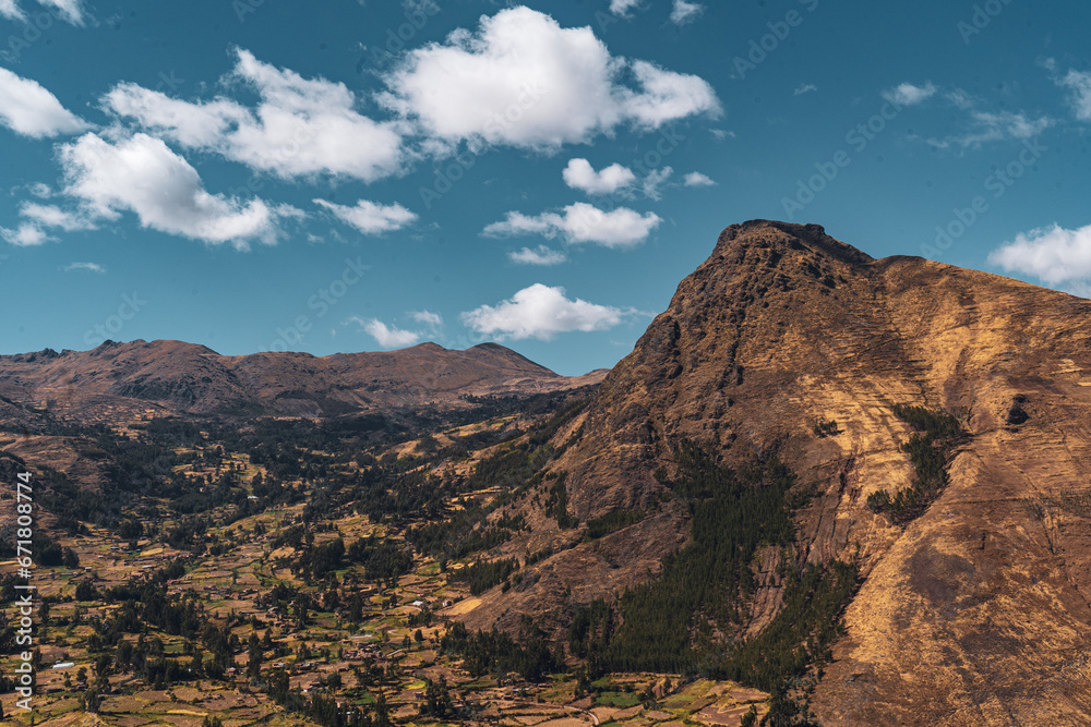 landscape of old inca ruins in the mountains in cusco