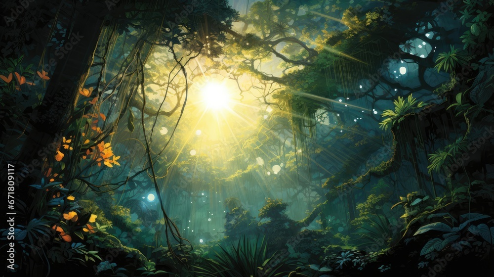  a painting of a sunbeam in the middle of a forest filled with lots of trees and plants on a sunny day.  generative ai
