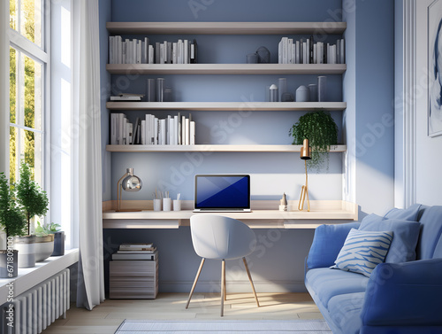 Blue modern small home office with plants