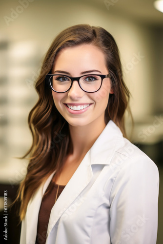 Young, smiling ophthalmologist in glasses and white coat.