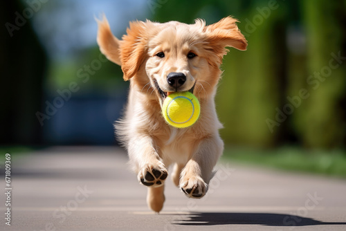 Golden Retriever playing with the ball outside