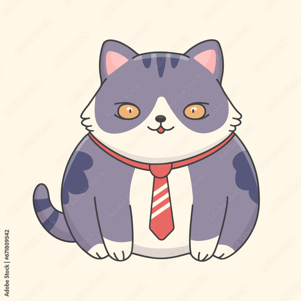 a chubby gray cat in a red tie. Business Style.