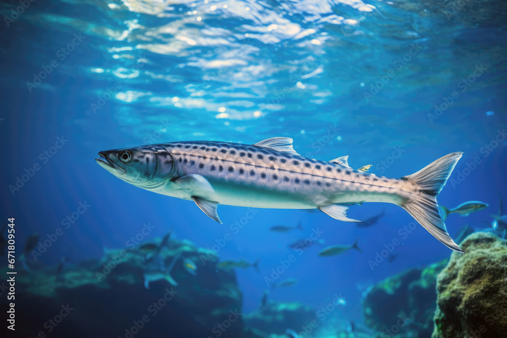Power of a barracuda as it patrols the vibrant coral reef ecosystem of the ocean