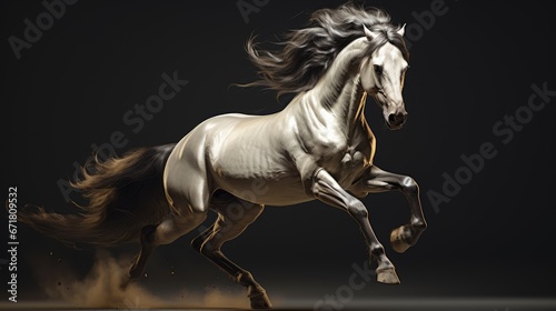  a white horse is galloping through the air with its front legs in the air and it's hair blowing in the wind.  generative ai © Olga
