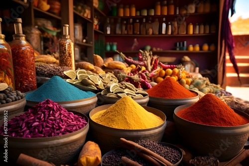 A symphony of colors in a Moroccan spice market.
