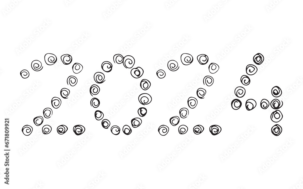 2024. doodle. holiday. holiday. joy. Christmas tree. numbers. sign. year. new year. christmas. vector. on a white background.