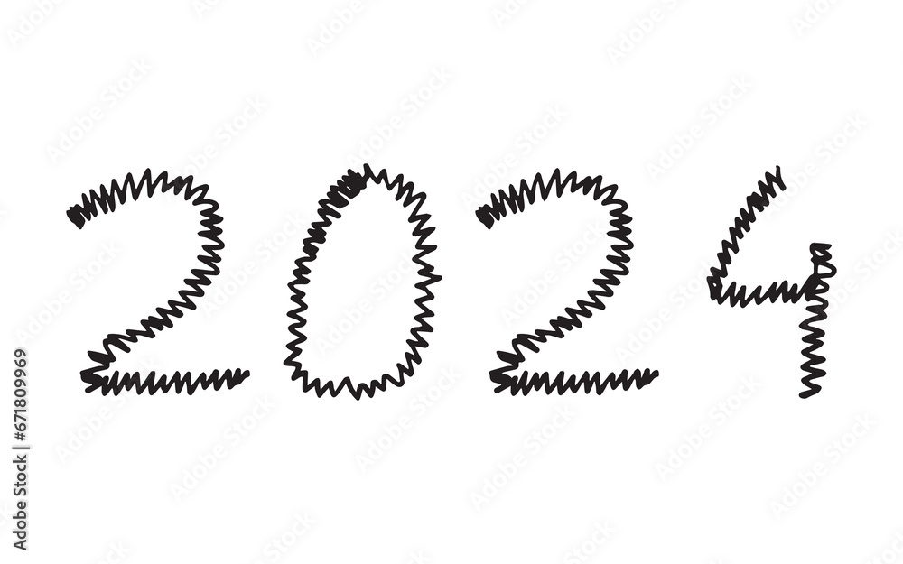 2024. doodle. holiday. holiday. joy. Christmas tree. numbers. sign. year. new year. christmas. vector. on a white background.