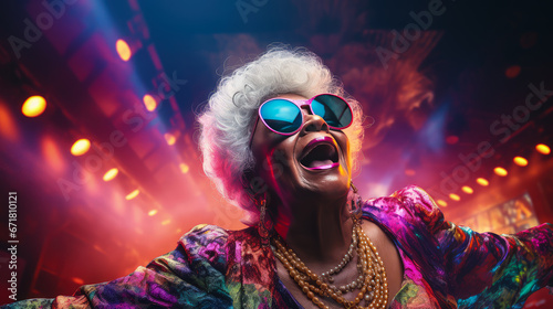Stylish elderly African American woman in fashionable glasses dances funny in a nightclub. Senior woman having fun in neon lighting.
