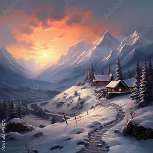 Winter mountain landscape with wooden house at sunset. Digital painting illustration.