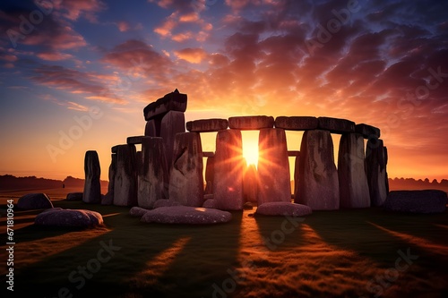 The ancient wonder of Stonehenge at sunrise. 