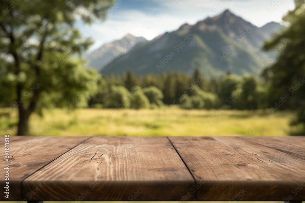 An empty wooden brown table with a blurred background of nature in New Zealand. Generative AI