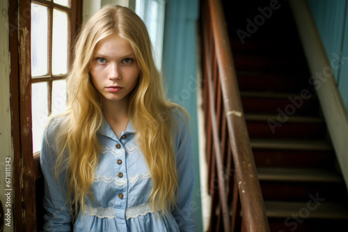 Retro blonde woman in old house, vintage dress, dark accusatory gaze. photo