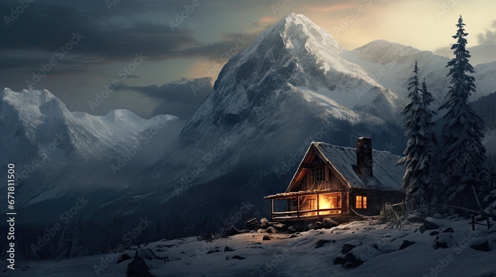 a cabin in the middle of a snowy mountain with a mountain range in the ...
