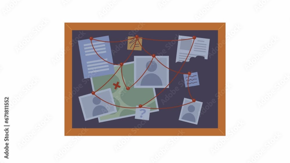 Evidence board with red strings 2D object animation. Crime accident investigation. Clues board flat cartoon 4K video, transparent alpha channel. Bulletin pinboard animated element on white background Evidence board with red strings 2D object animation. Crime accident investigation. Clues board flat cartoon 4K video, transparent alpha channel. Bulletin pinboard animated element on white background