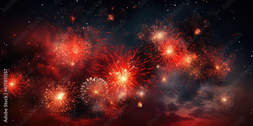 bright red fireworks and fireworks in the night sky, theme of holiday, Generative AI