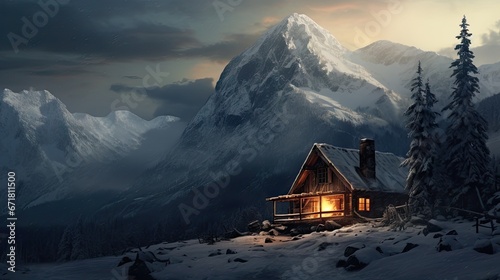  a cabin in the middle of a snowy mountain with a mountain range in the background and a full moon in the sky.  generative ai
