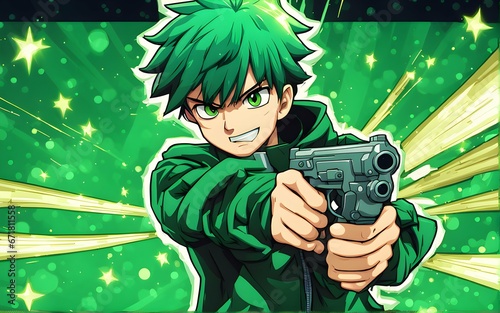 Illustration of Anime Banner of a Hero Boy firing with a toy gun with green shirt and green hair in Green Sparkling Background AI