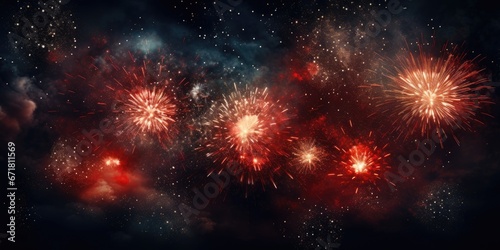 bright red fireworks and fireworks in the night sky  theme of holiday  Generative AI