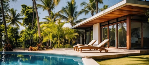 Contemporary villa with pool tropical garden featuring palm trees and tourist hostel © Vusal