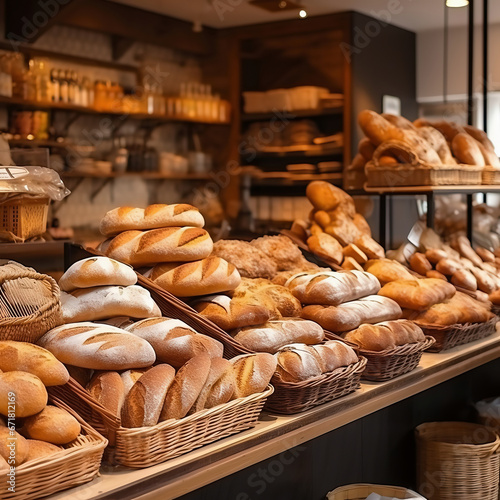Assortment of fresh bread in bakery shop. Bakery and food concept