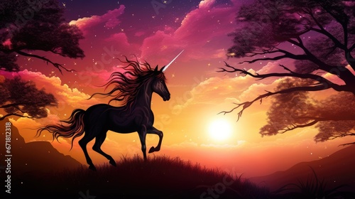  a painting of a unicorn on a hill with a sunset in the background and trees in the foreground  with the sun in the distance.  generative ai