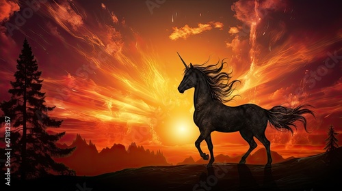  a painting of a horse running on a hill with a sunset in the back ground and trees in the foreground.  generative ai