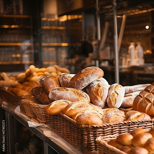 Assortment of fresh bread in bakery shop. Bakery and food concept photo