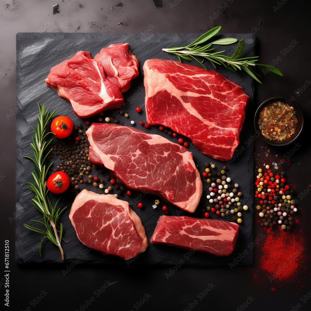 Raw beef steak with rosemary and spices on a black background, closeup, top views, copy space