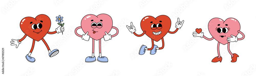 WebSet of groovy hippie heart characters. Cartoon characters in trendy retro style for Valentines day design. Love concept. Isolated vector illustration WebSet of groovy hippie heart characters. Cartoon characters in trendy retro style for Valentines day design. Love concept. Isolated vector illustration
