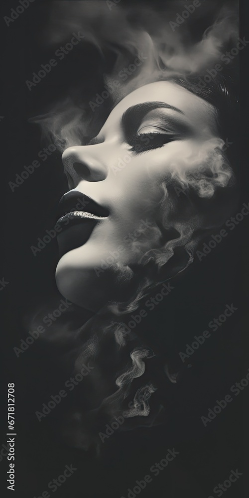a black and white photo of a woman's face with smoke coming out of her ...