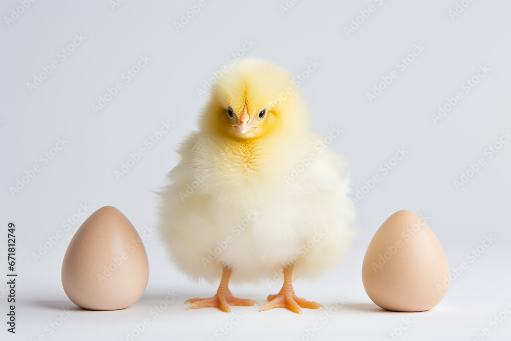Little chicken and eggs on a white background