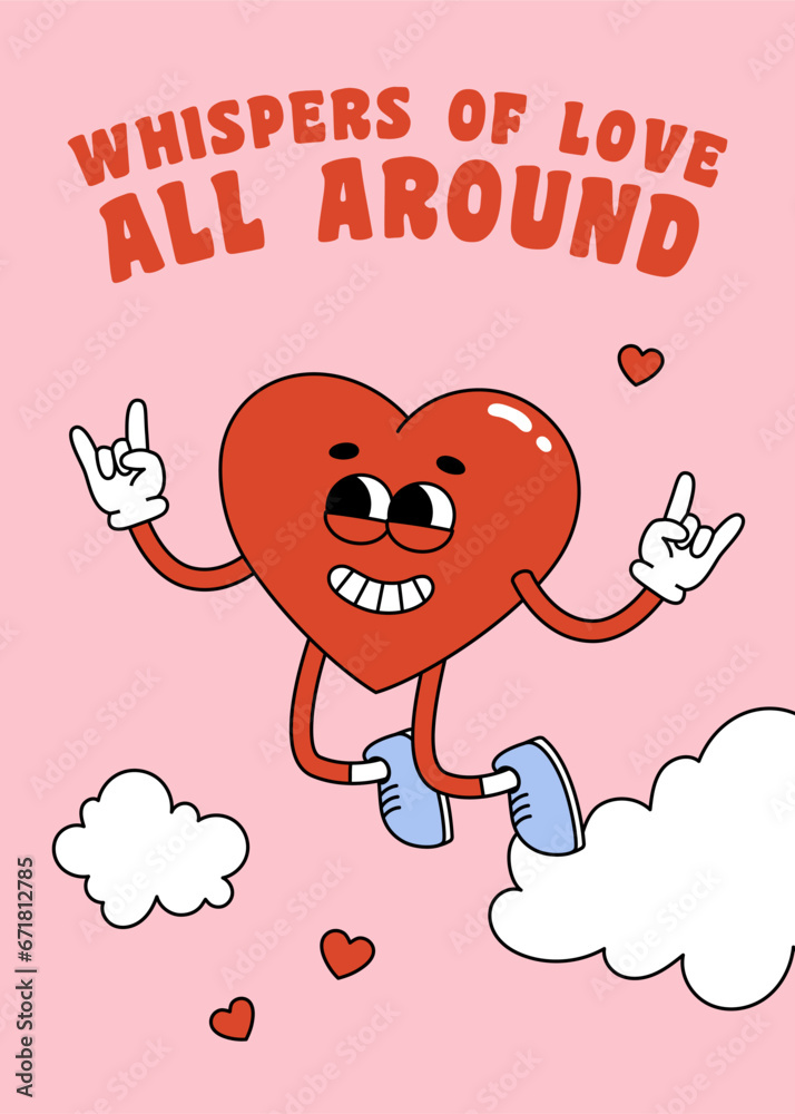 Card-2Valentine Day greeting card with groovy jumping heart character. Love concept. Template for poster, banner, invitation, greeting card. Vector illustration Card-2Valentine Day greeting card with groovy jumping heart character. Love concept. Template for poster, banner, invitation, greeting card. Vector illustration