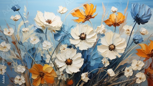  a painting of white, blue, and yellow flowers in a vase on a blue and white background with a blue sky in the background. generative ai