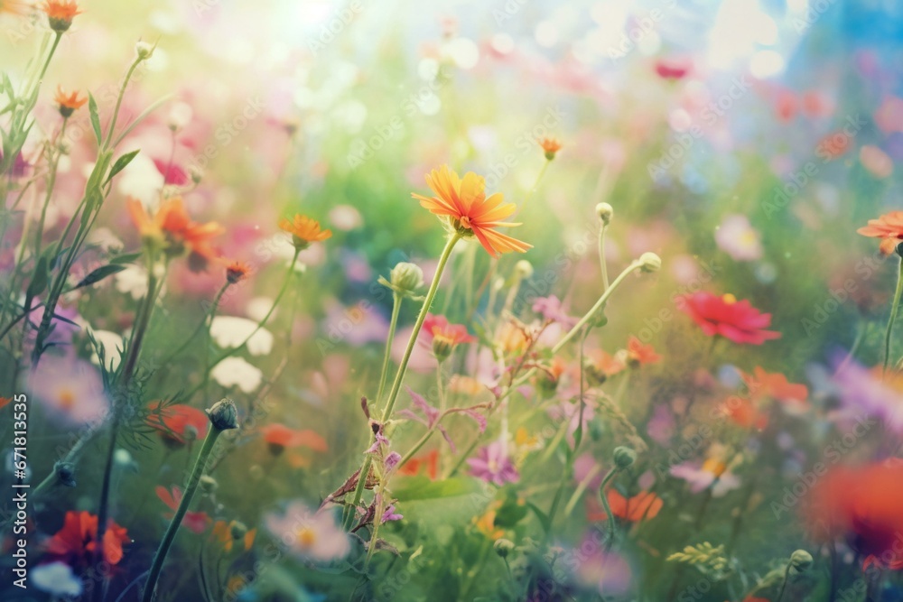 Blurry picture of floral meadow, perfect for spring wallpaper. Generative AI