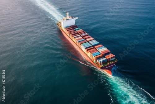 Aerial view of cargo ship transporting containers across the ocean. Generative AI © Maeve
