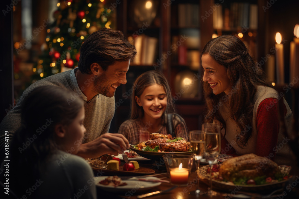 A heartwarming family gathering around a holiday dinner table, radiating love, unity, and festive cheer. Generative Ai.