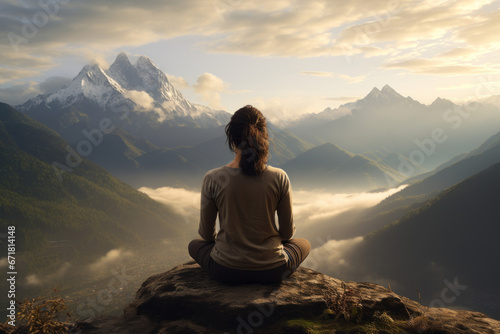 A serene yoga session on a mountaintop  capturing a sense of peace  balance  and spiritual connection with nature. Generative Ai.